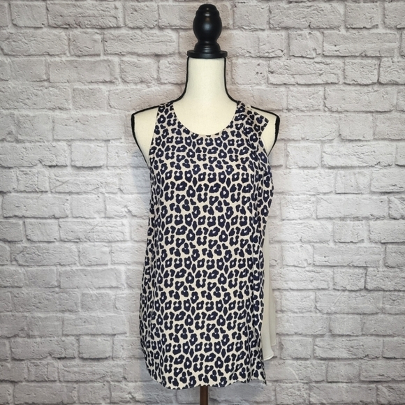 3.1 Phillip Lim tank cream navy blue leopard print front side ruffle top size 8 - Picture 2 of 13